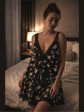 Anthropologie Black Floral Lace-Trim Chemise